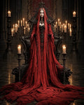 GRID THUMBNAIL — A regal woman in an elaborate red gown sits on an ornate dark throne, surrounded by tall candelabras in a gothic, candlelit hall.
