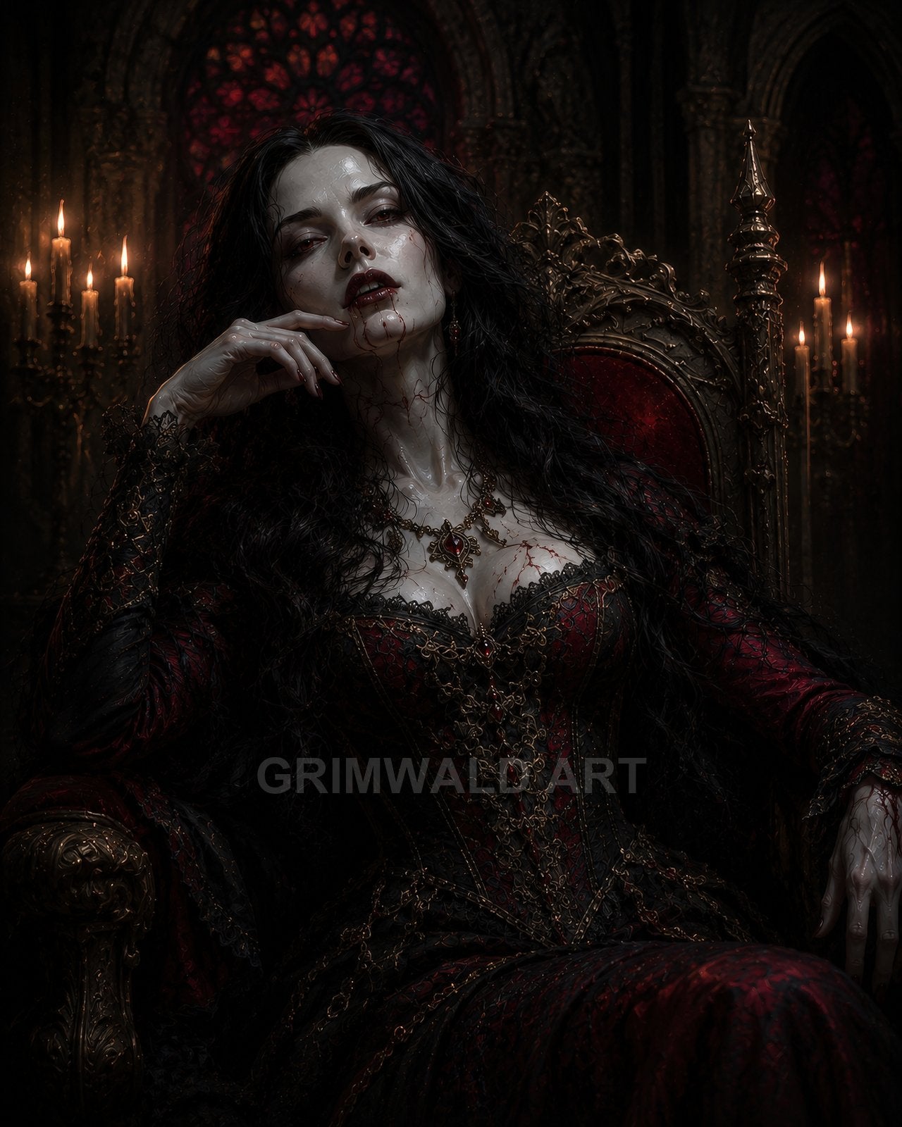 Pale vampire noblewoman in ornate red-and-black gown reclines on a gilded throne, blood on lips, candles and stained-glass archways behind.