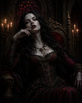 GRID THUMBNAIL — Pale vampire noblewoman in ornate red-and-black gown reclines on a gilded throne, blood on lips, candles and stained-glass archways behind.