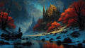 GRID THUMBNAIL — Gothic castle beside a snowy river at twilight, red-leaved trees glowing, misty spires beyond, lone cloaked figure standing on a rock.