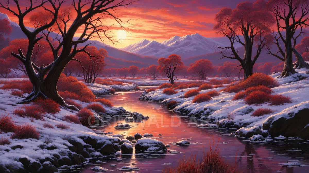 A winding river reflects a fiery sunset amid snow-covered banks, red shrubs and bare trees, with distant purple mountains under a glowing sky.