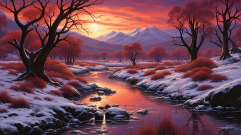 GRID THUMBNAIL — A winding river reflects a fiery sunset amid snow-covered banks, red shrubs and bare trees, with distant purple mountains under a glowing sky.
