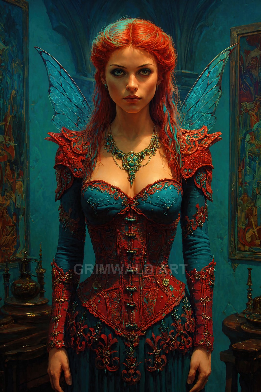 A red-haired fairy woman in ornate red and teal corseted armour stands indoors before tapestries, gossamer wings gleaming, candlelit ambience and intricate jewellery.