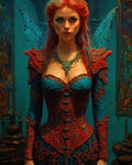 GRID THUMBNAIL — A red-haired fairy woman in ornate red and teal corseted armour stands indoors before tapestries, gossamer wings gleaming, candlelit ambience and intricate jewellery.