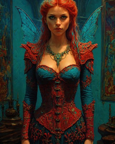 GRID THUMBNAIL — A red-haired fairy woman in ornate red and teal corseted armour stands indoors before tapestries, gossamer wings gleaming, candlelit ambience and intricate jewellery.