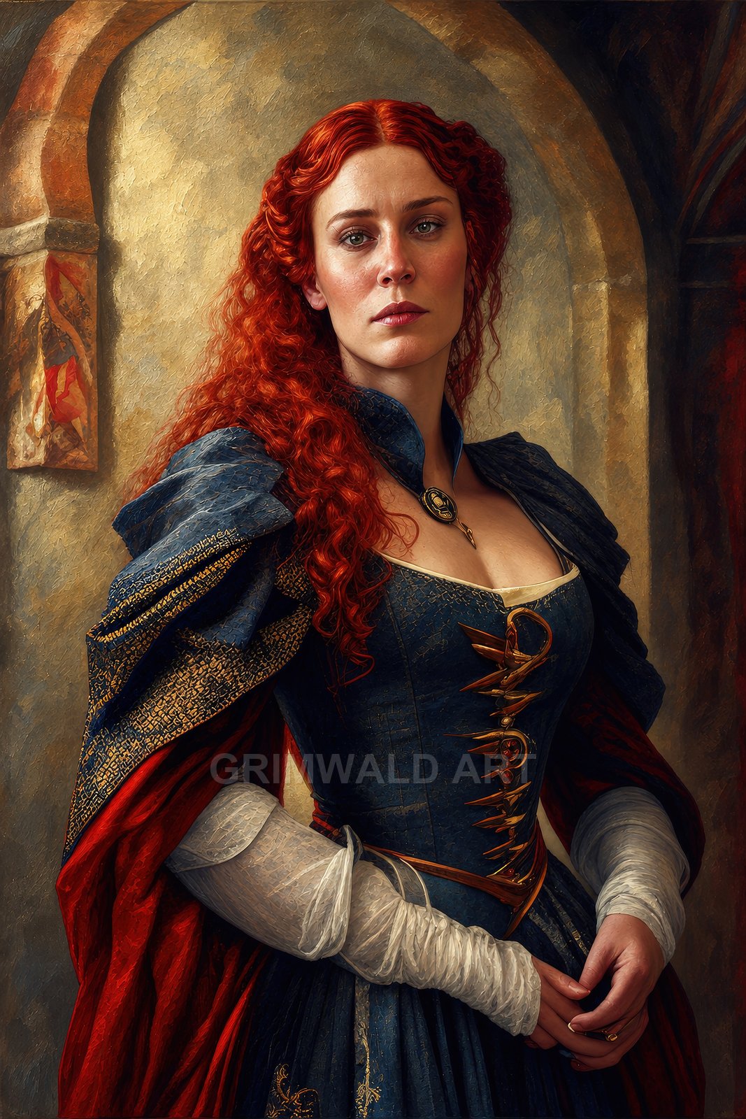 Portrait of a red-haired woman in an ornate blue gown with gold clasps and red cloak, standing before a stone archway inside a castle.