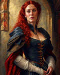 GRID THUMBNAIL — Portrait of a red-haired woman in an ornate blue gown with gold clasps and red cloak, standing before a stone archway inside a castle.