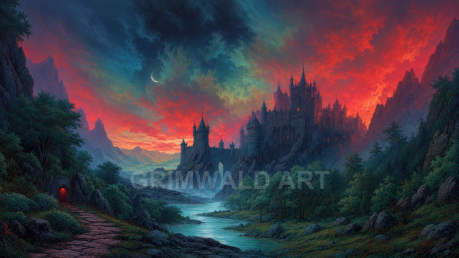 Gothic fantasy castle perched on rocky cliffs above a winding river, framed by dark forest, crescent moon, and misty mountains under a red twilight sky.