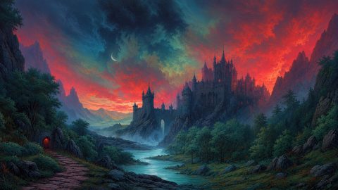 GRID THUMBNAIL — Gothic fantasy castle perched on rocky cliffs above a winding river, framed by dark forest, crescent moon, and misty mountains under a red twilight sky.