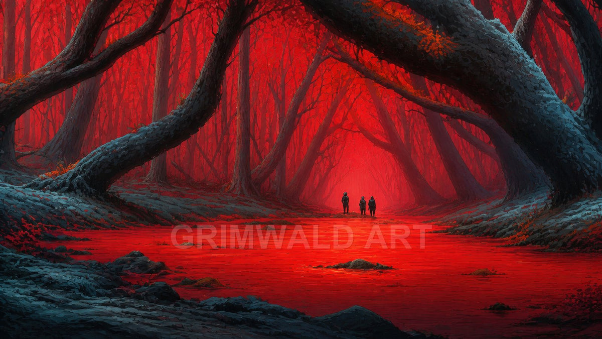 A red-lit forest of twisted, arching trees frames a wide path, with three small figures walking toward a hazy glowing centre in the distance.