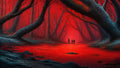 GRID THUMBNAIL — A red-lit forest of twisted, arching trees frames a wide path, with three small figures walking toward a hazy glowing centre in the distance.