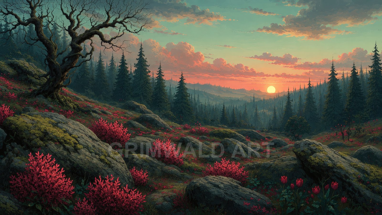 A teal sky sunset over a conifer forest and rocky hillside, with mossy boulders, crimson shrubs, and a gnarled leafless tree in the foreground.