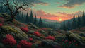 GRID THUMBNAIL — A teal sky sunset over a conifer forest and rocky hillside, with mossy boulders, crimson shrubs, and a gnarled leafless tree in the foreground.