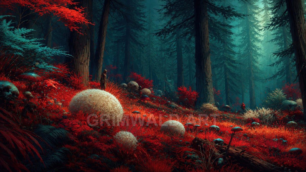 Moody fantasy forest with towering pines, crimson undergrowth, oversized puffball mushrooms and teal mist, with a tiny hooded figure walking among the trees.