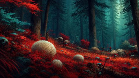 GRID THUMBNAIL — Moody fantasy forest with towering pines, crimson undergrowth, oversized puffball mushrooms and teal mist, with a tiny hooded figure walking among the trees.