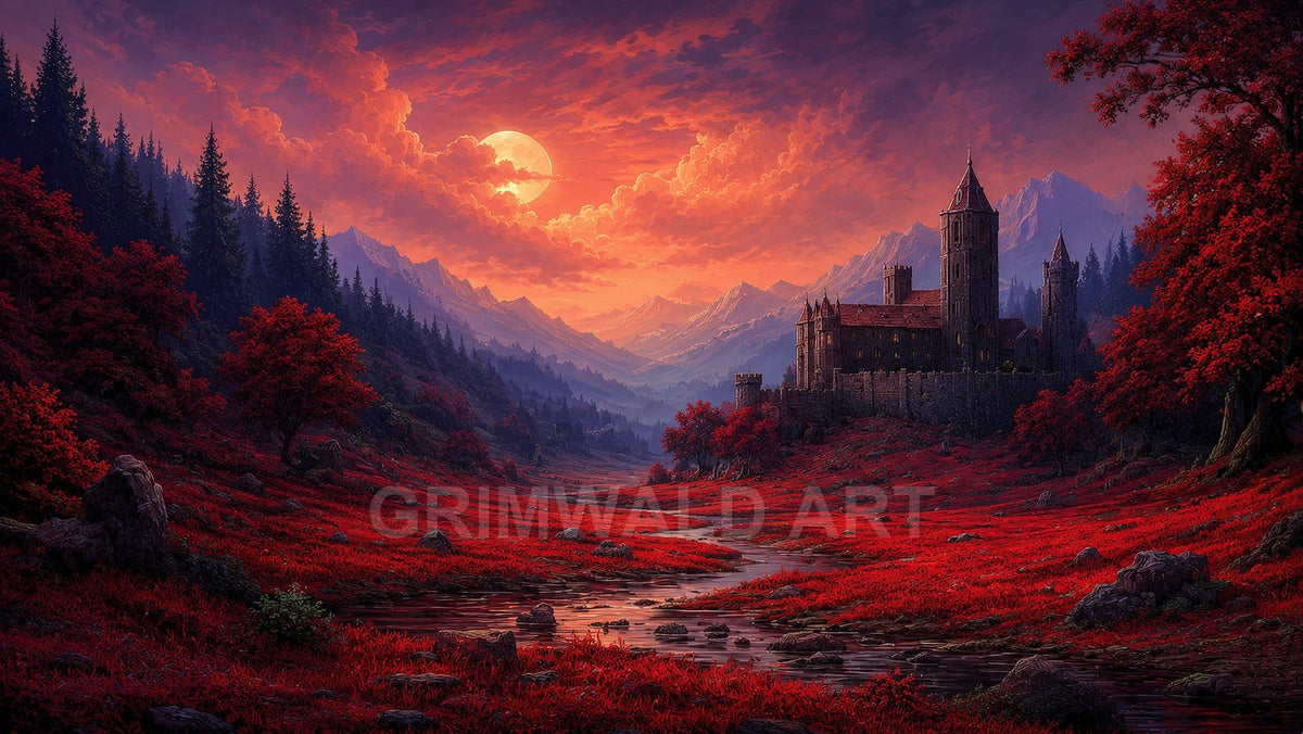Fantasy valley of crimson foliage and pines, a winding stream, distant mountains, and a stone castle on the right beneath a glowing sunset sky.