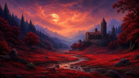 GRID THUMBNAIL — Fantasy valley of crimson foliage and pines, a winding stream, distant mountains, and a stone castle on the right beneath a glowing sunset sky.