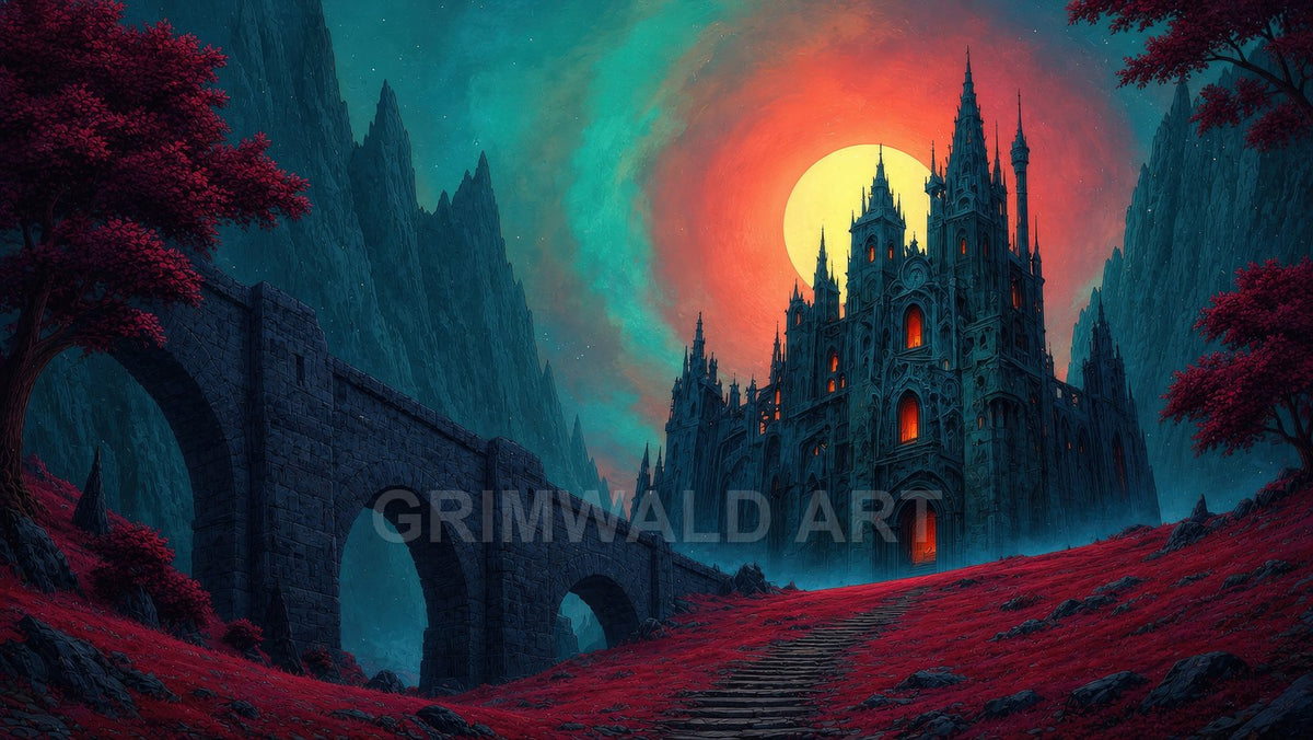 Gothic castle with glowing orange windows beneath a vast setting sun, amid teal mountains, red foliage, stone bridge, and stairway in mist.