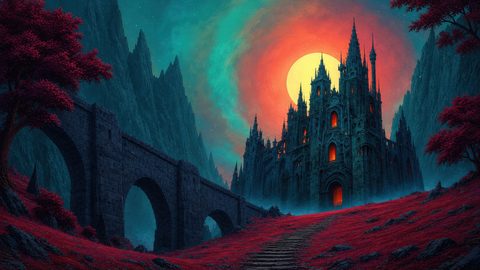 GRID THUMBNAIL — Gothic castle with glowing orange windows beneath a vast setting sun, amid teal mountains, red foliage, stone bridge, and stairway in mist.