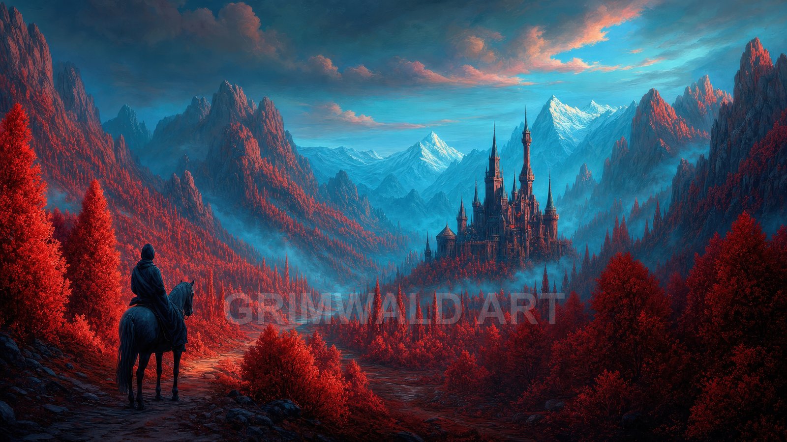 A cloaked rider on horseback surveys a crimson forest valley, with a spired castle amid mist and blue snowcapped mountains under a glowing sunset sky.