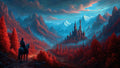 GRID THUMBNAIL — A cloaked rider on horseback surveys a crimson forest valley, with a spired castle amid mist and blue snowcapped mountains under a glowing sunset sky.