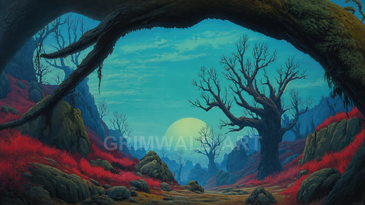 A moonlit rocky valley framed by gnarled trees and vivid red grasses, with a winding path and distant hills beneath a teal sky.