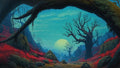 GRID THUMBNAIL — A moonlit rocky valley framed by gnarled trees and vivid red grasses, with a winding path and distant hills beneath a teal sky.