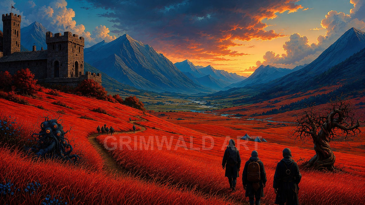A red-grass valley at sunset with a stone castle, looming mountains, winding river, three robed travellers, a twisted tree, and a small tentacled creature.