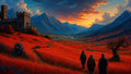 GRID THUMBNAIL — A red-grass valley at sunset with a stone castle, looming mountains, winding river, three robed travellers, a twisted tree, and a small tentacled creature.