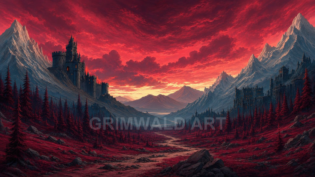 Wide fantasy valley of red pines and rocky path, flanked by gothic castles on mountain slopes beneath a blazing crimson sunset.