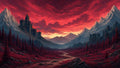 GRID THUMBNAIL — Wide fantasy valley of red pines and rocky path, flanked by gothic castles on mountain slopes beneath a blazing crimson sunset.