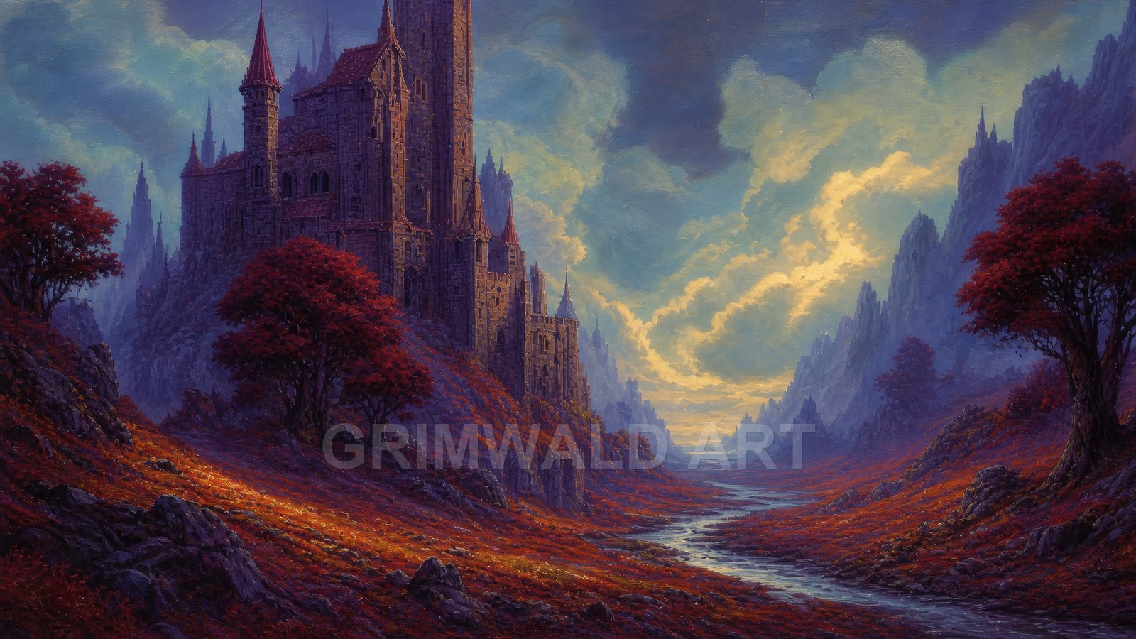 Fantasy valley with a spired stone castle beside a winding river, red-leaved trees and jagged mountains under dramatic twilight clouds and golden light.