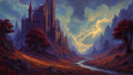 GRID THUMBNAIL — Fantasy valley with a spired stone castle beside a winding river, red-leaved trees and jagged mountains under dramatic twilight clouds and golden light.