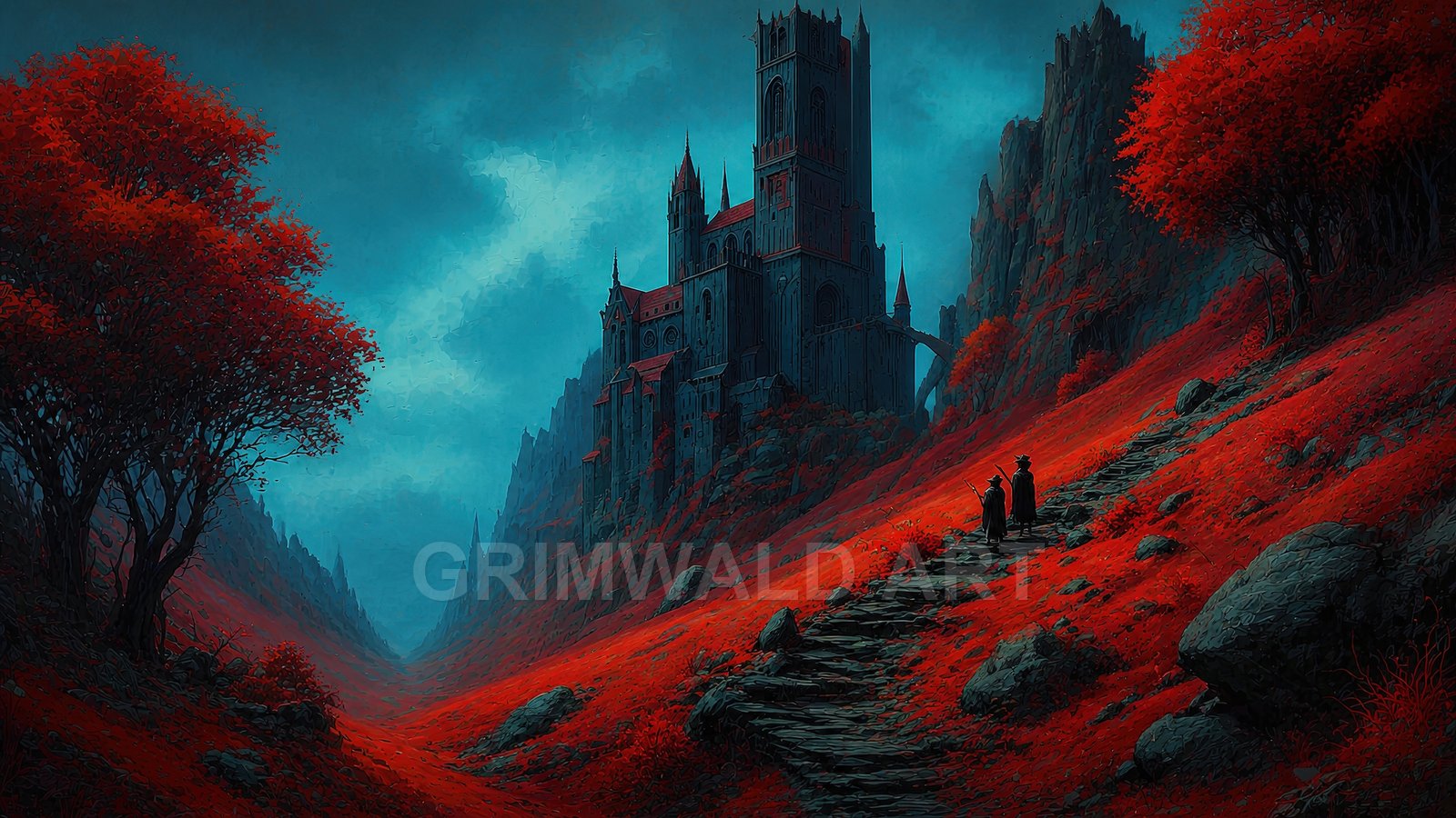 A towering gothic castle overlooks a crimson valley at twilight, with a winding stone path and two cloaked travellers approaching beneath teal clouds.