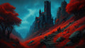 GRID THUMBNAIL — A towering gothic castle overlooks a crimson valley at twilight, with a winding stone path and two cloaked travellers approaching beneath teal clouds.