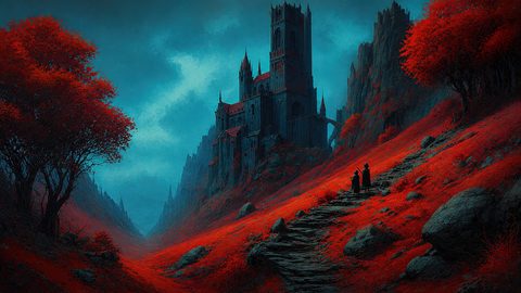 GRID THUMBNAIL — A towering gothic castle overlooks a crimson valley at twilight, with a winding stone path and two cloaked travellers approaching beneath teal clouds.