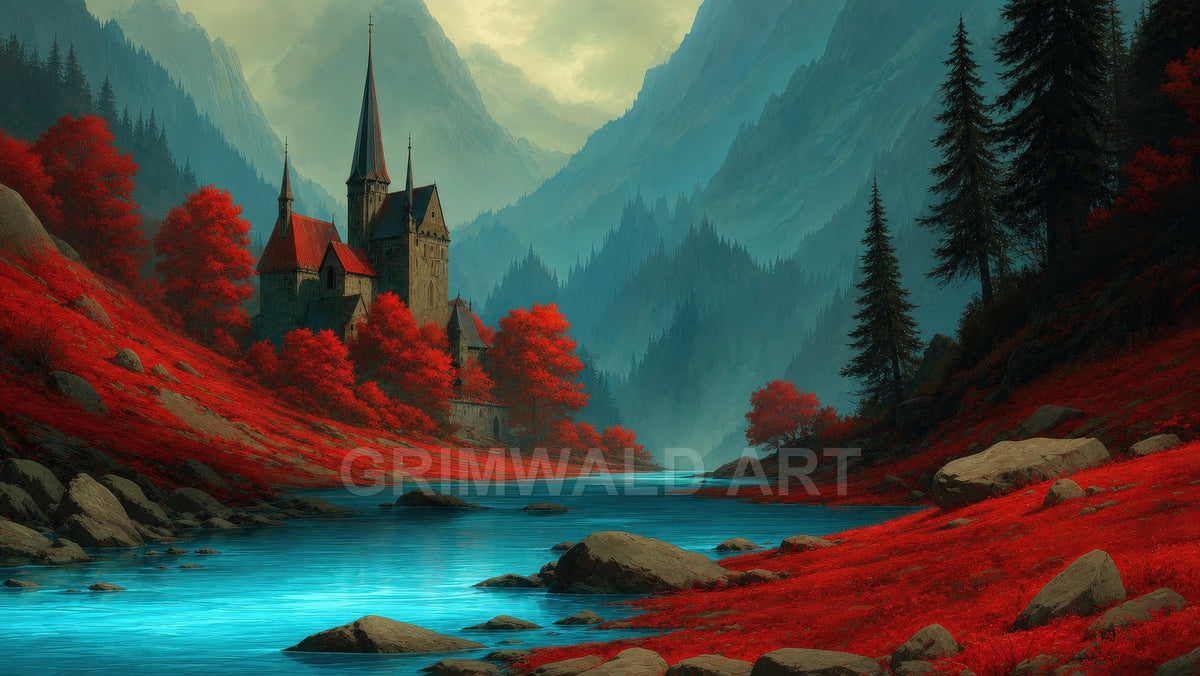 A spired stone castle overlooks a turquoise river winding through a misty mountain valley, surrounded by vivid red trees and dark pines.