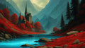 GRID THUMBNAIL — A spired stone castle overlooks a turquoise river winding through a misty mountain valley, surrounded by vivid red trees and dark pines.
