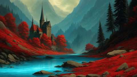 GRID THUMBNAIL — A spired stone castle overlooks a turquoise river winding through a misty mountain valley, surrounded by vivid red trees and dark pines.