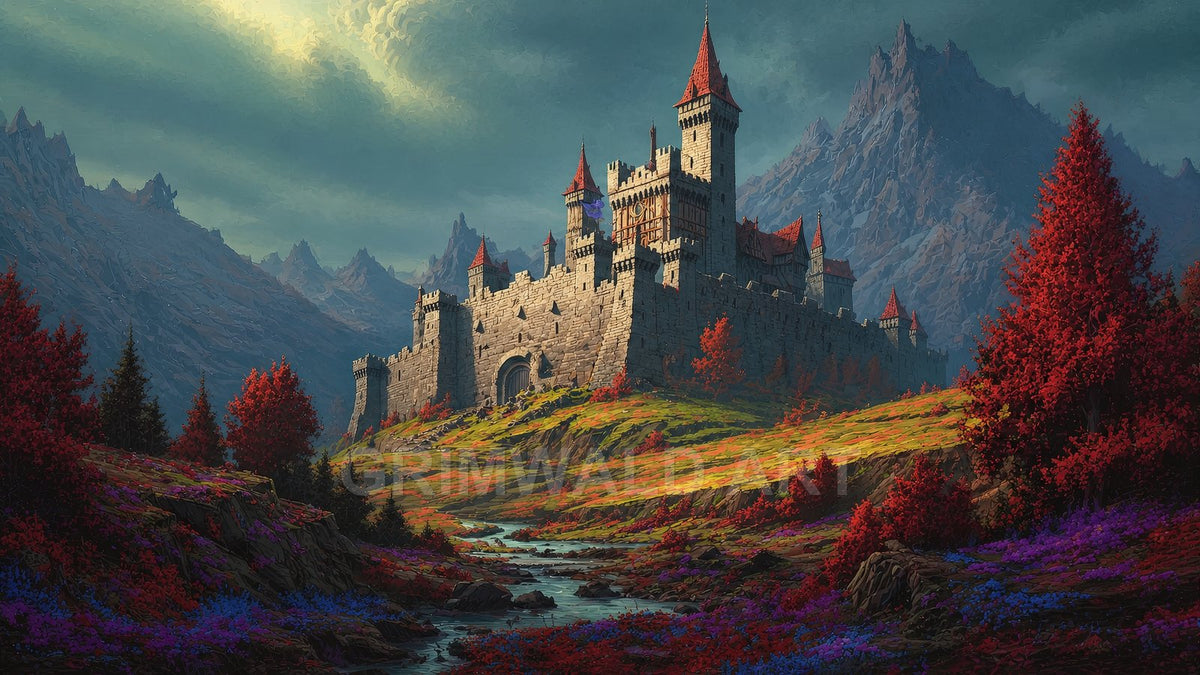 Grand stone castle with red-roofed towers overlooks a winding stream in a colourful mountain valley beneath dramatic clouds and autumn trees.
