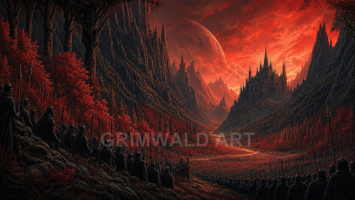 Dark fantasy valley of red trees with countless armoured soldiers facing a spired gothic fortress beneath a blazing crimson sky and looming moon.