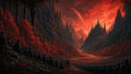 GRID THUMBNAIL — Dark fantasy valley of red trees with countless armoured soldiers facing a spired gothic fortress beneath a blazing crimson sky and looming moon.