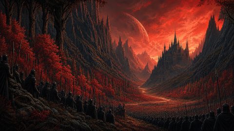 GRID THUMBNAIL — Dark fantasy valley of red trees with countless armoured soldiers facing a spired gothic fortress beneath a blazing crimson sky and looming moon.