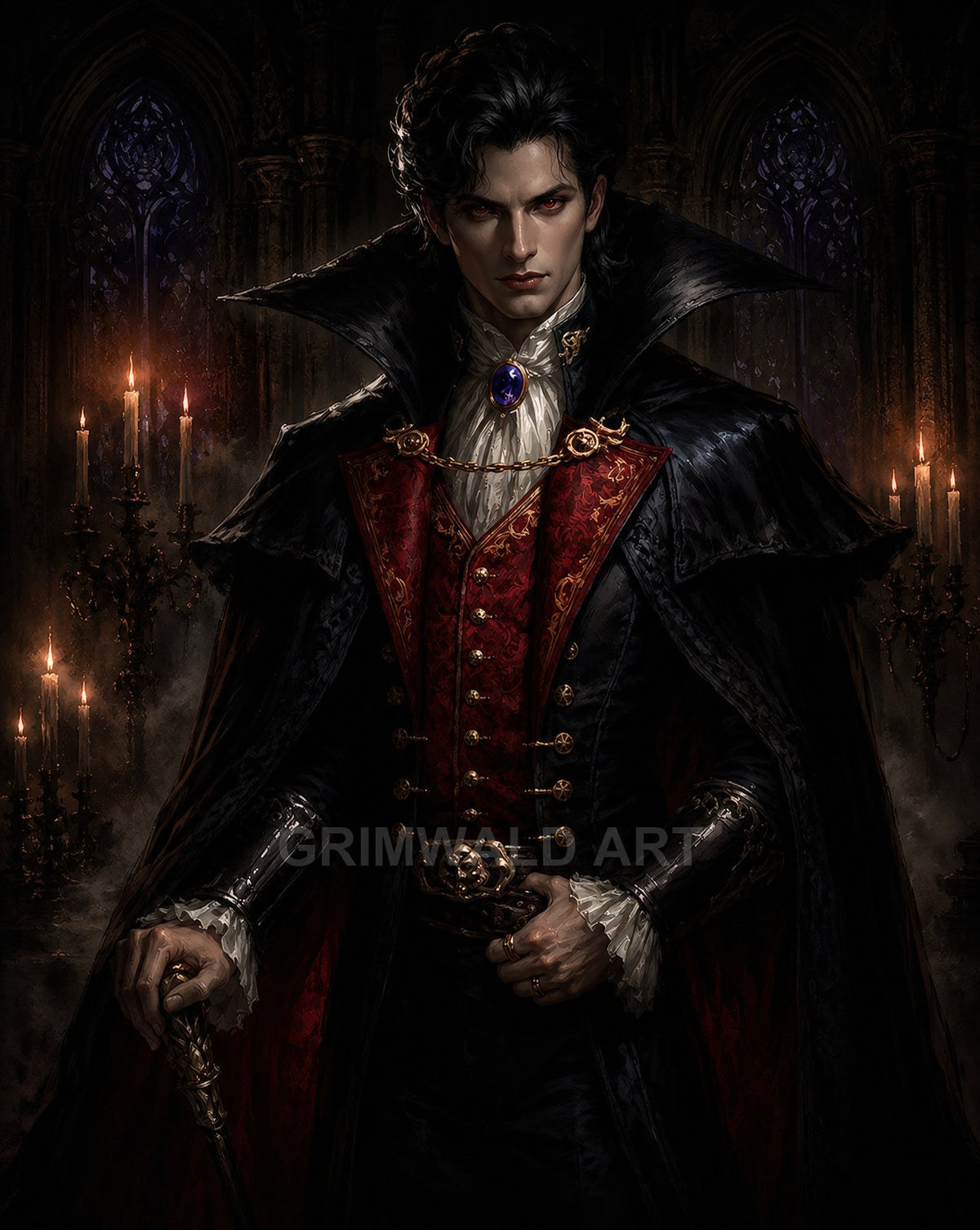 A pale male vampire aristocrat in red and black finery stands in a gothic cathedral interior, candlelit, with high collar and jewelled brooch.
