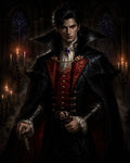GRID THUMBNAIL — A pale male vampire aristocrat in red and black finery stands in a gothic cathedral interior, candlelit, with high collar and jewelled brooch.