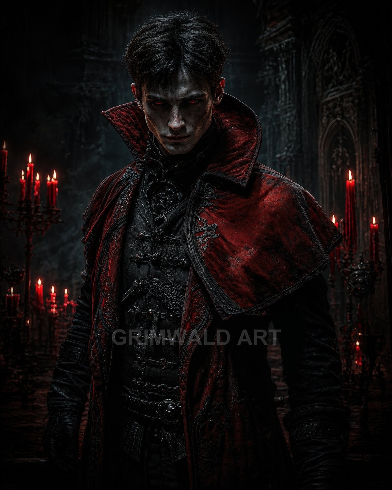 A pale male vampire in an ornate red coat stands in a dark gothic cathedral, lit by crimson candles, staring forward menacingly.