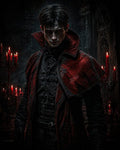 GRID THUMBNAIL — A pale male vampire in an ornate red coat stands in a dark gothic cathedral, lit by crimson candles, staring forward menacingly.