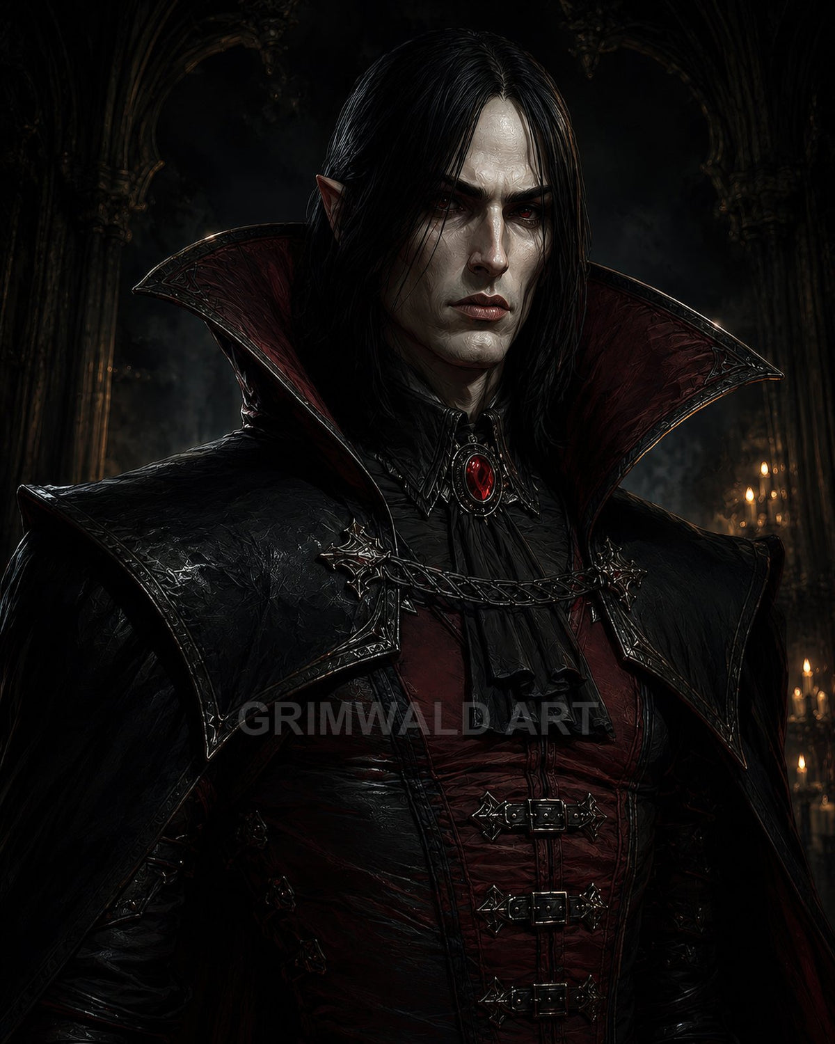 Pale male vampire in black and crimson gothic attire, high collar and red gem pendant, standing before shadowy arches and candlelight.
