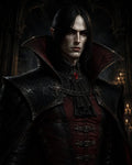 GRID THUMBNAIL — Pale male vampire in black and crimson gothic attire, high collar and red gem pendant, standing before shadowy arches and candlelight.