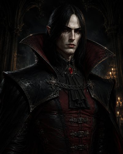 GRID THUMBNAIL — Pale male vampire in black and crimson gothic attire, high collar and red gem pendant, standing before shadowy arches and candlelight.